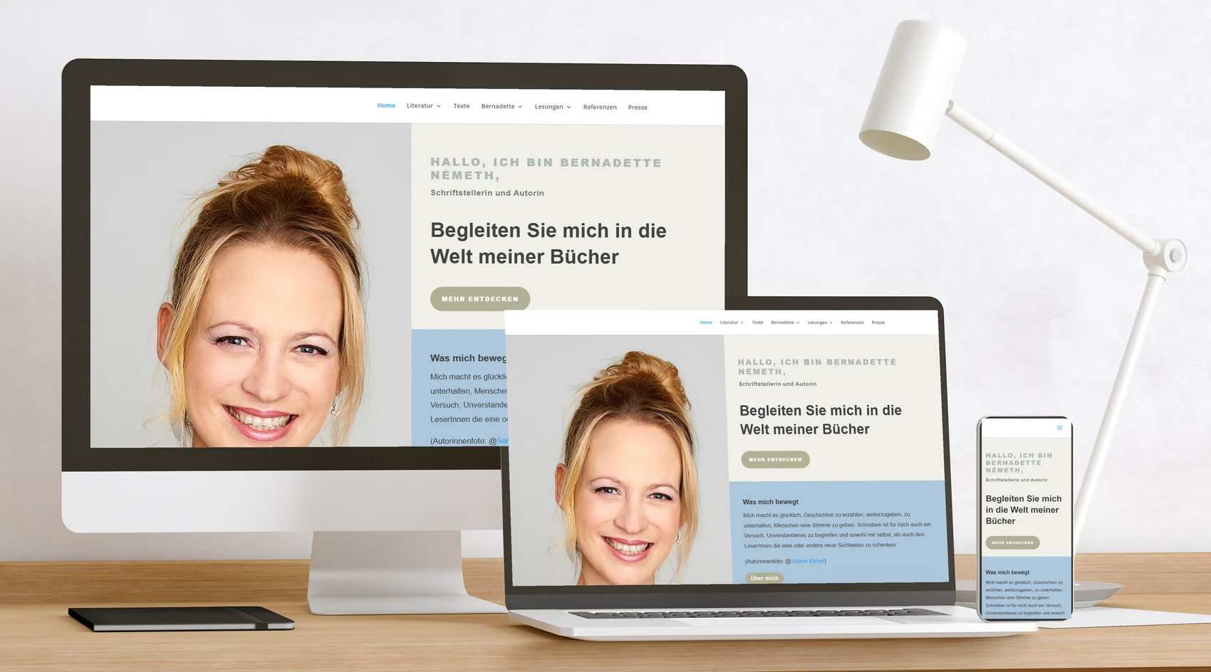Website Bernadette Neméth auf Bildschirm, Laptop und Handy