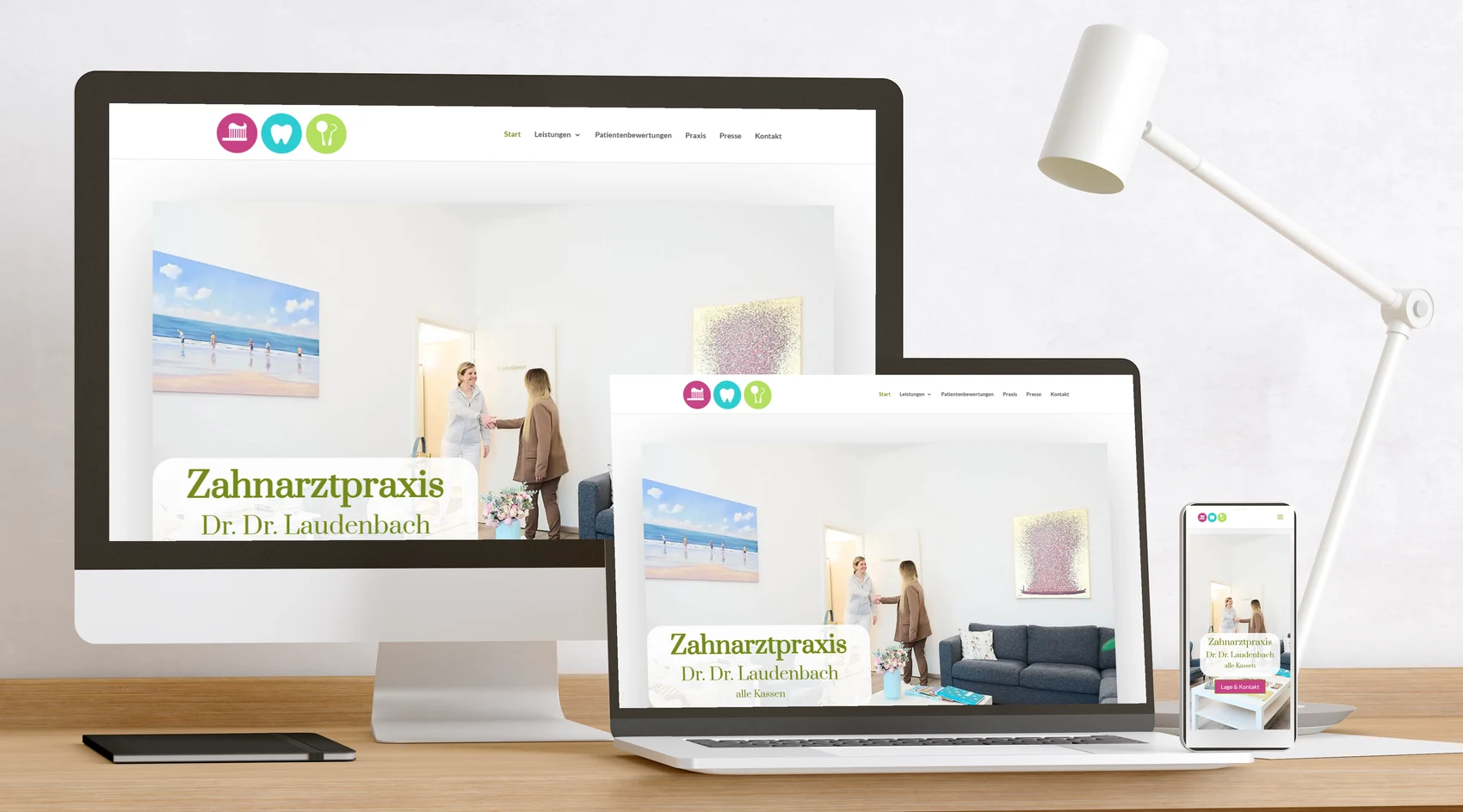 Website Dr. Dr. Laudenbach auf Bildschirm, Laptop und Handy