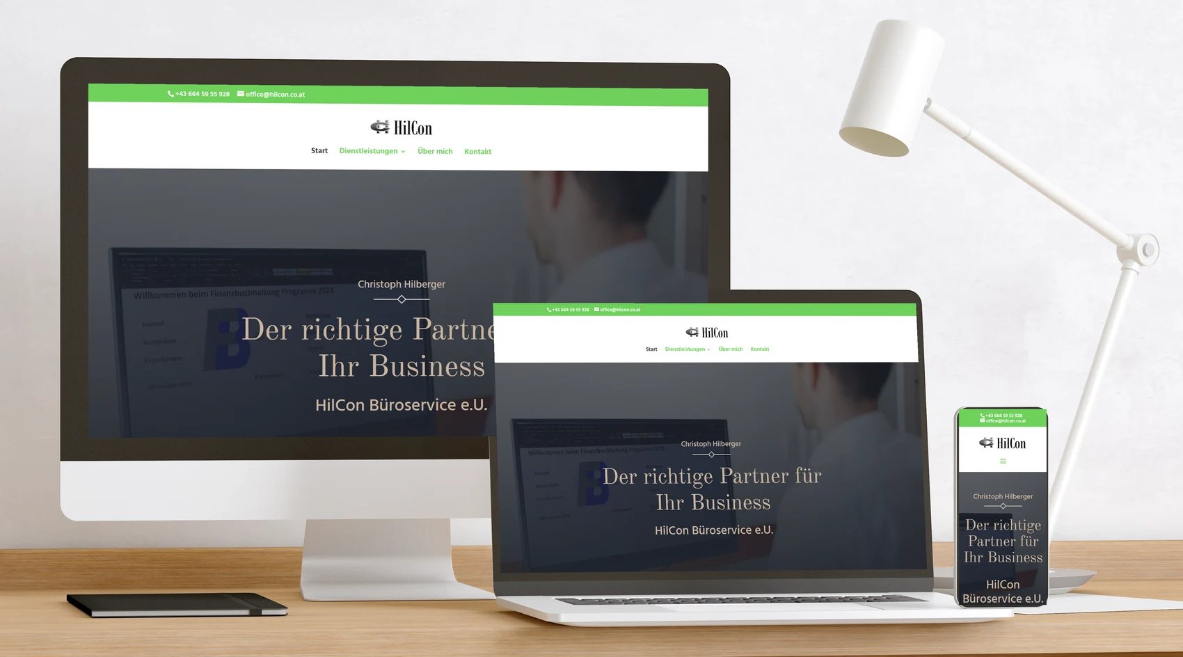 Website Hilcon Büroservice auf Bildschirm, Laptop und Handy