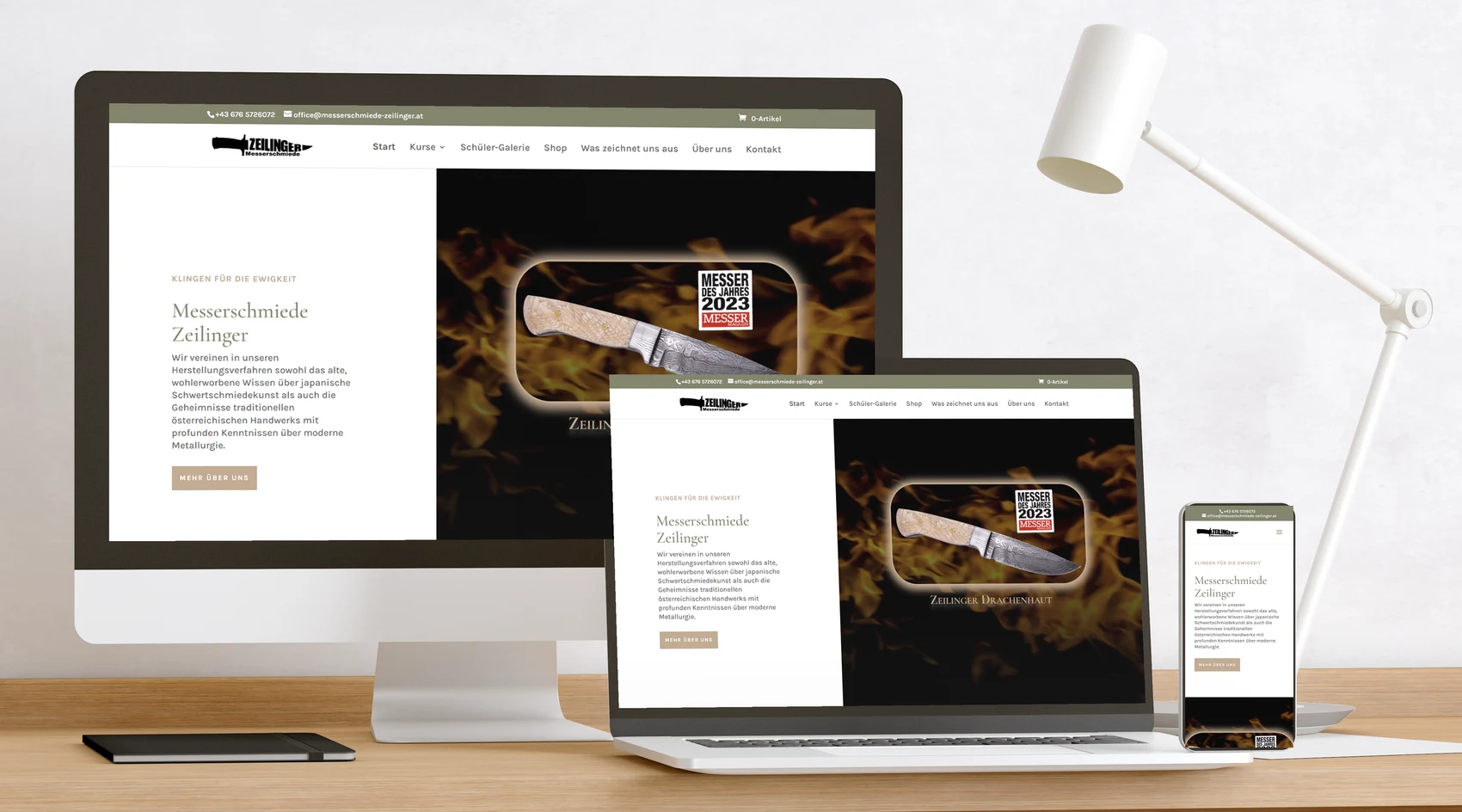 Website Messerschmiede Zeilinger auf Bildschirm, Laptop und Handy