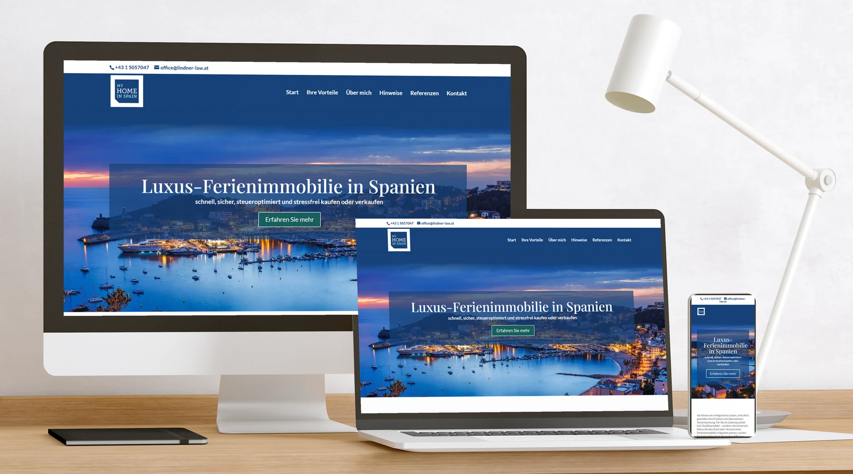 Website My Home in Spain auf Bildschirm, Laptop und Handy
