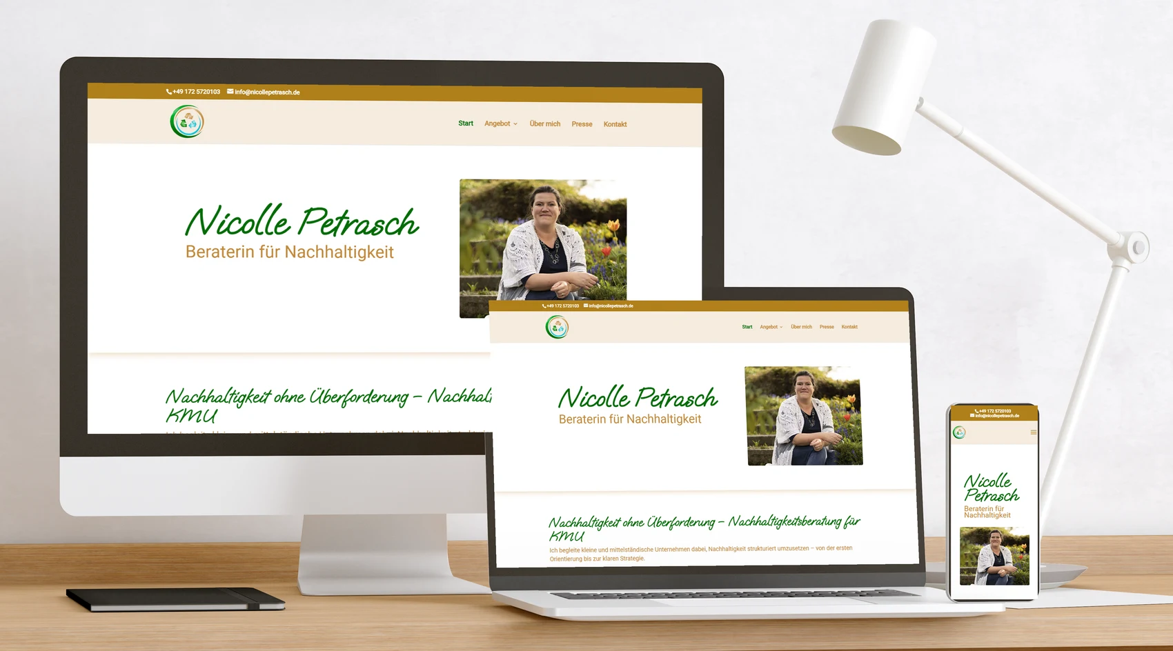 Website Nicolle Petrasch auf Bildschirm, Laptop und Handy
