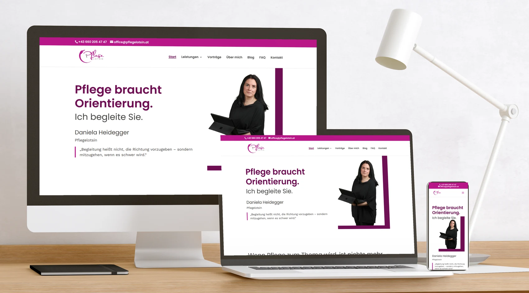 Website Pflegelotsin auf Bildschirm, Laptop und Handy