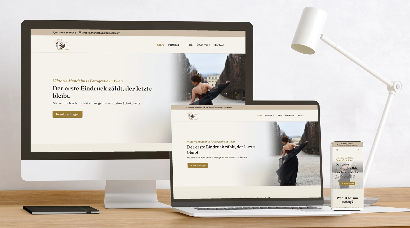 Website Photoqueen – Viktoria Mandahus auf Bildschirm, Laptop und Handy