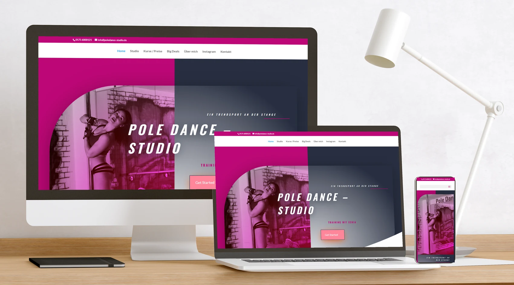 Website Poledance Studio auf Bildschirm, Laptop und Handy