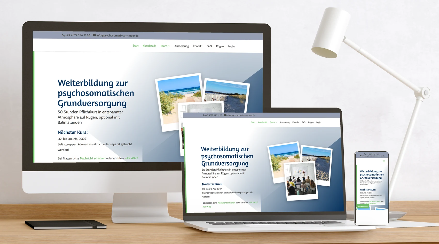 Website Psychosomatik am Meer auf Bildschirm, Laptop und Handy