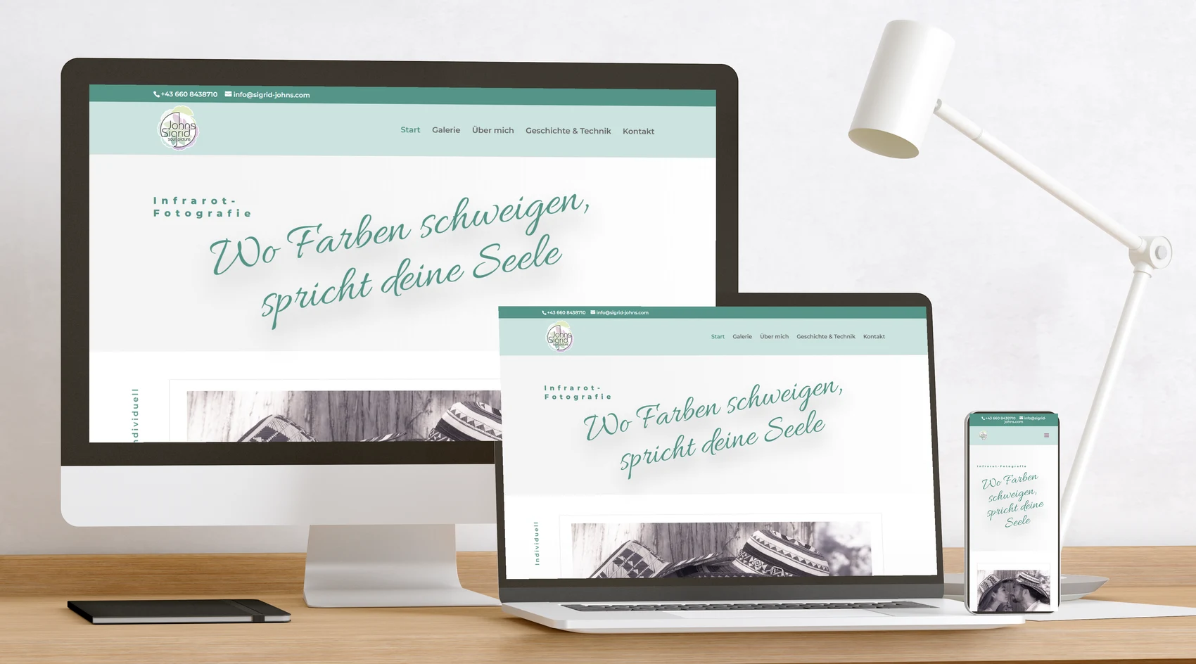 Website Sigrid Johns auf Bildschirm, Laptop und Handy