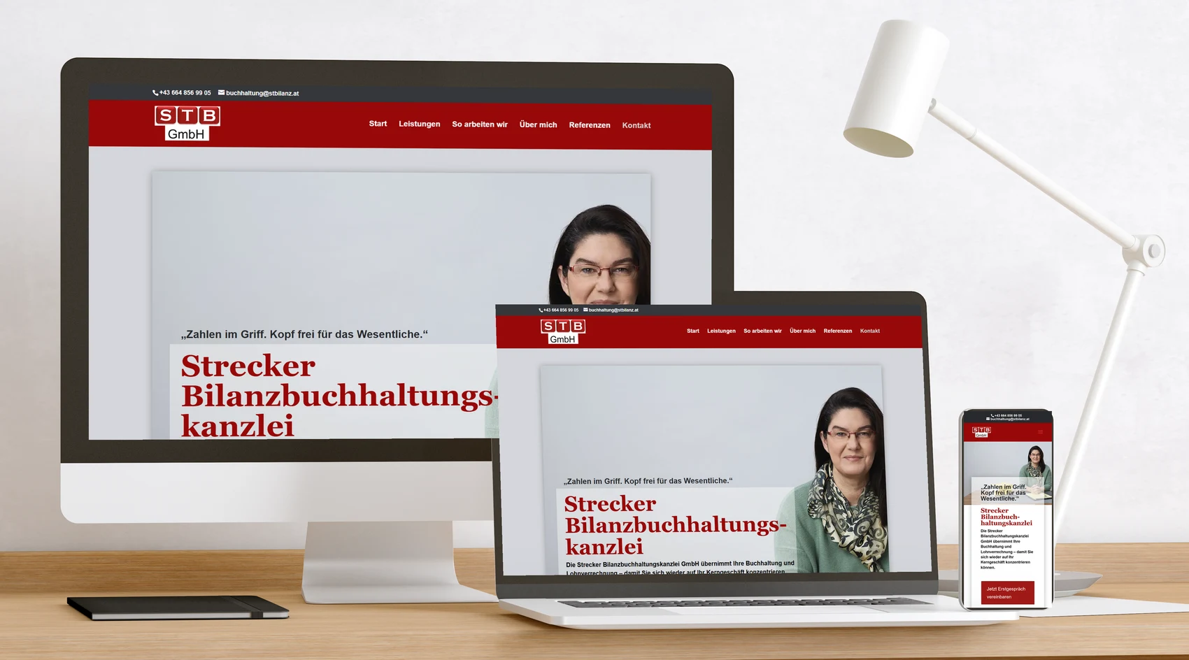 Website Strecker Bilanzbuchhaltungskanzlei auf Bildschirm, Laptop und Handy
