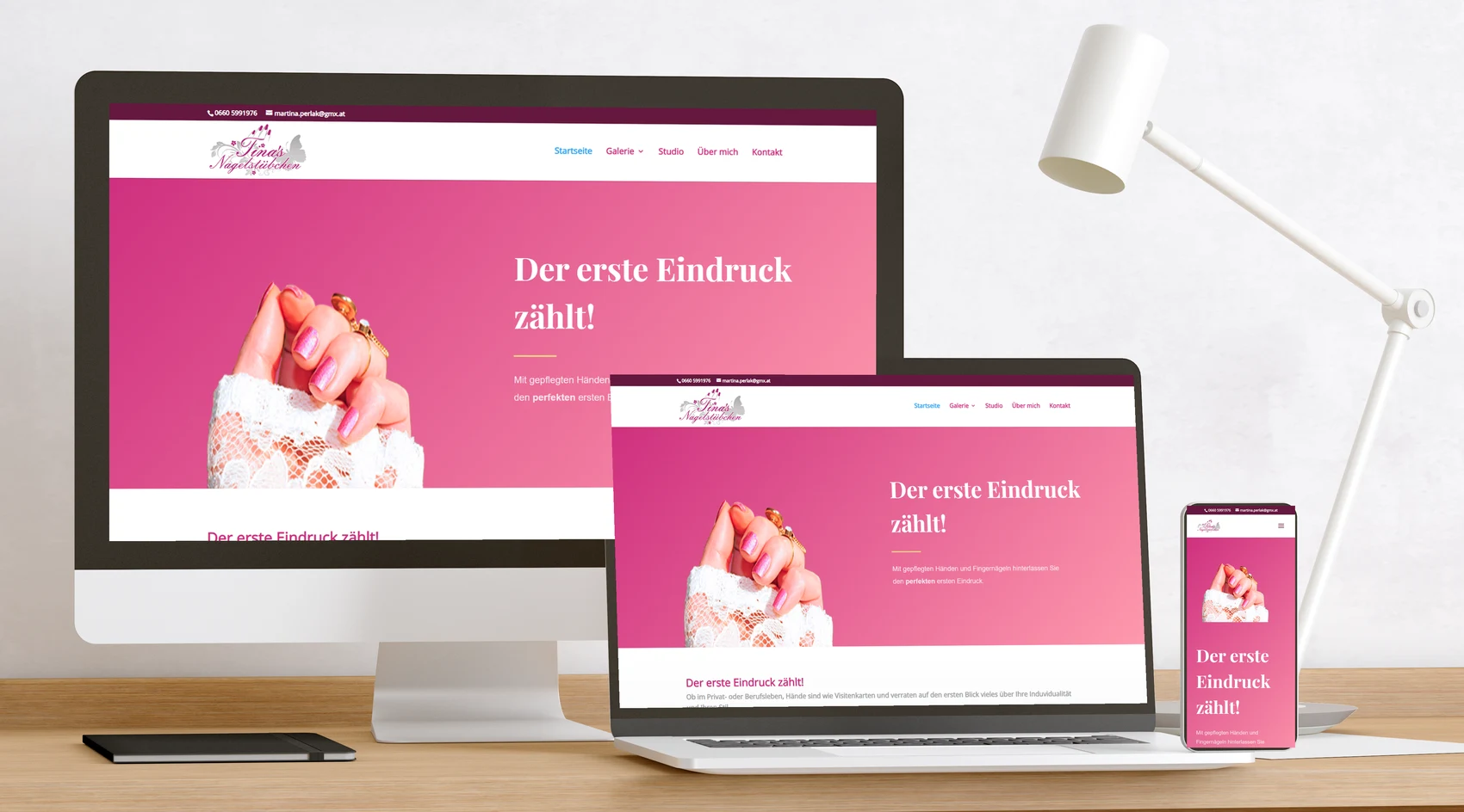 Website Tinas Nagelstübchen auf Bildschirm, Laptop und Handy