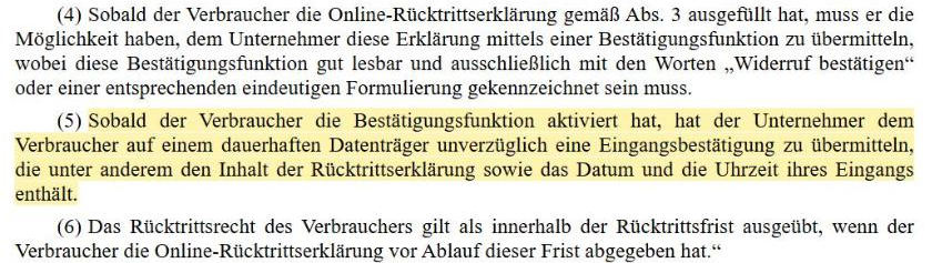 Auszug aus dem Bundesgesetzblatt mit § 13a Absatz 4 bis 6 FAGG, Absatz 5 zur Eingangsbestätigung gelb markiert.