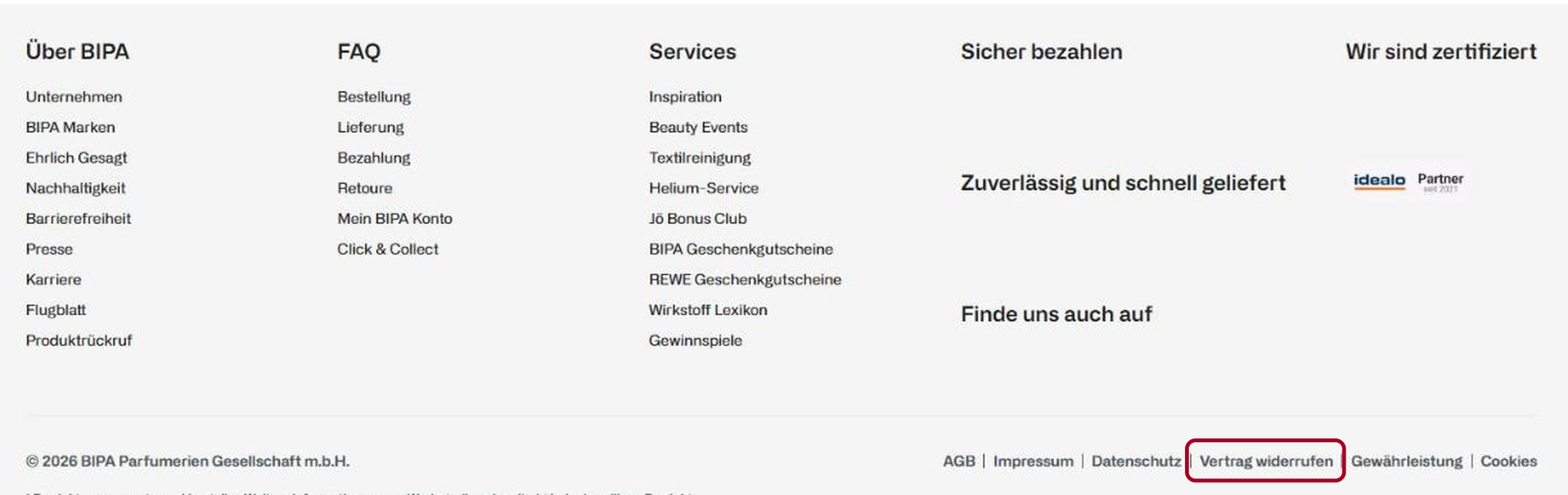 Fußzeile eines Onlineshops mit den Links AGB, Impressum, Datenschutz, Vertrag widerrufen, Gewährleistung und Cookies; Vertrag widerrufen ist rot umrandet.